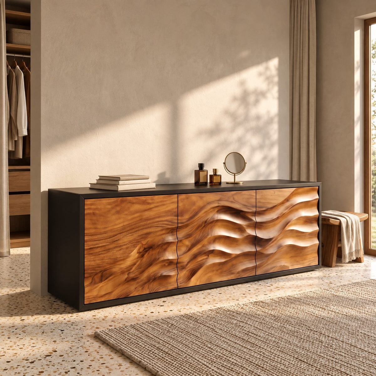 Organic Contour Sideboard with Three Wave Relief Doors, Narrow Wood Entryway Hallway Cabinet