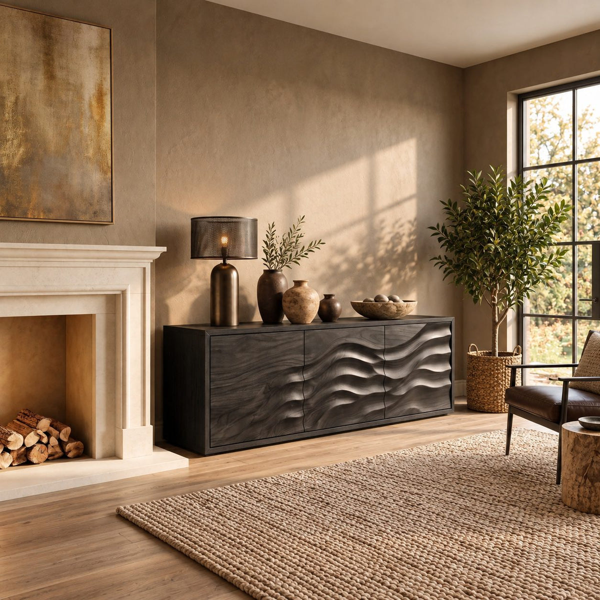 Organic Contour Sideboard with Three Wave Relief Doors, Narrow Wood Entryway Hallway Cabinet