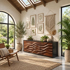 Organic Contour Sideboard with Three Wave Relief Doors, Narrow Wood Entryway Hallway Cabinet
