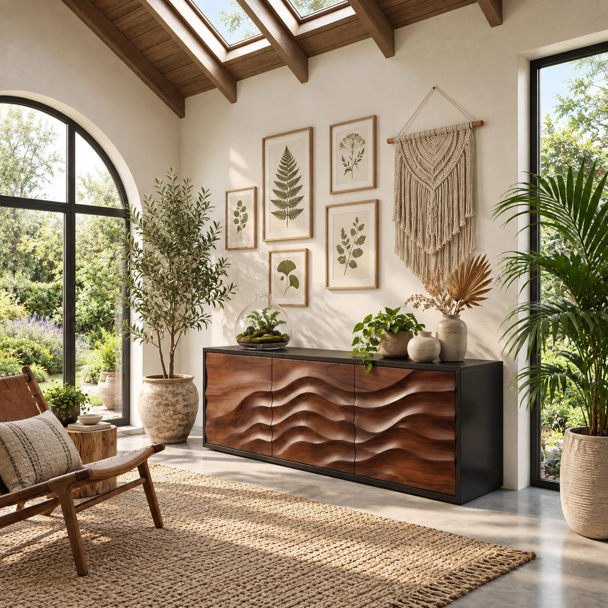 Organic Contour Sideboard with Three Wave Relief Doors, Narrow Wood Entryway Hallway Cabinet