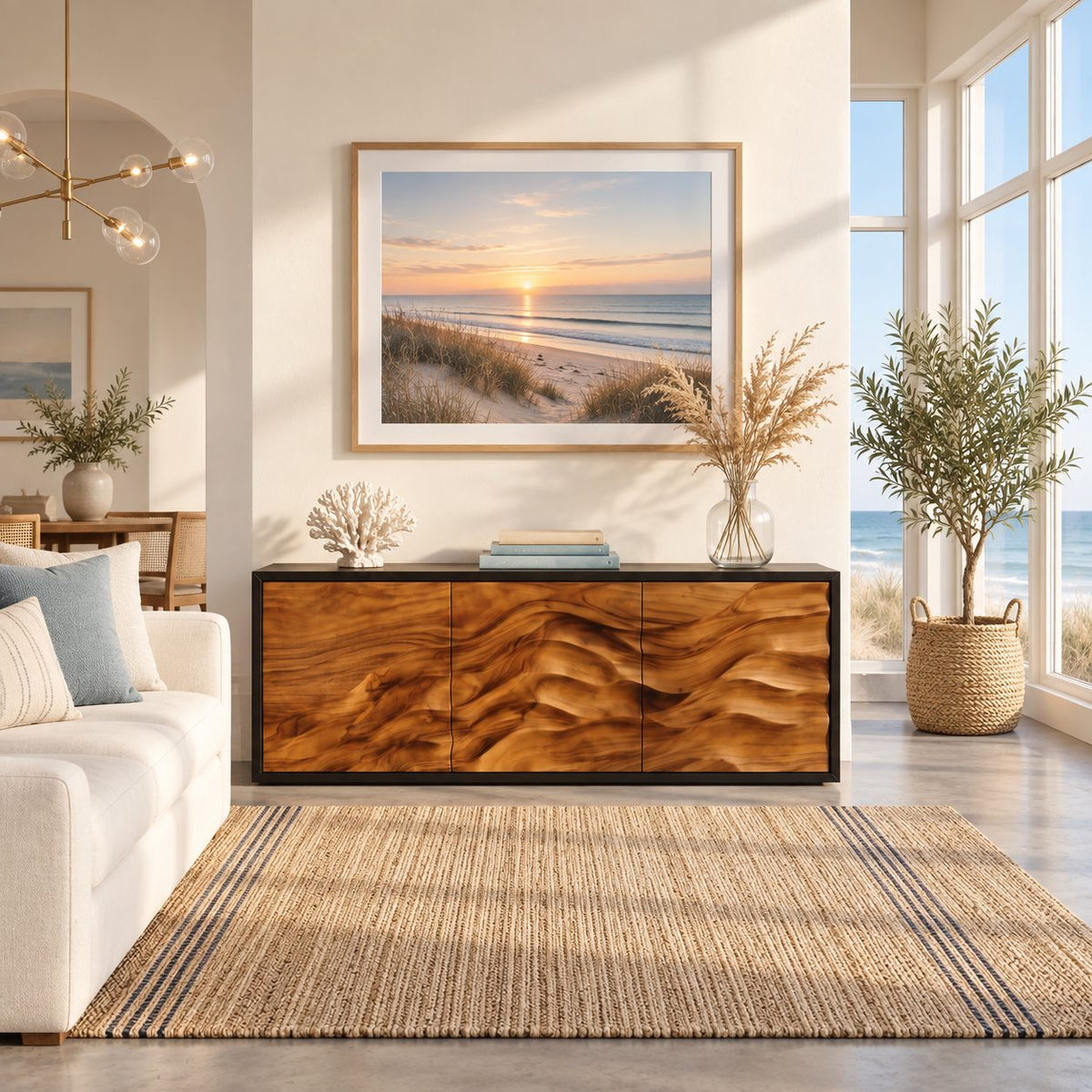 Organic Contour Sideboard with Three Wave Relief Doors, Narrow Wood Entryway Hallway Cabinet