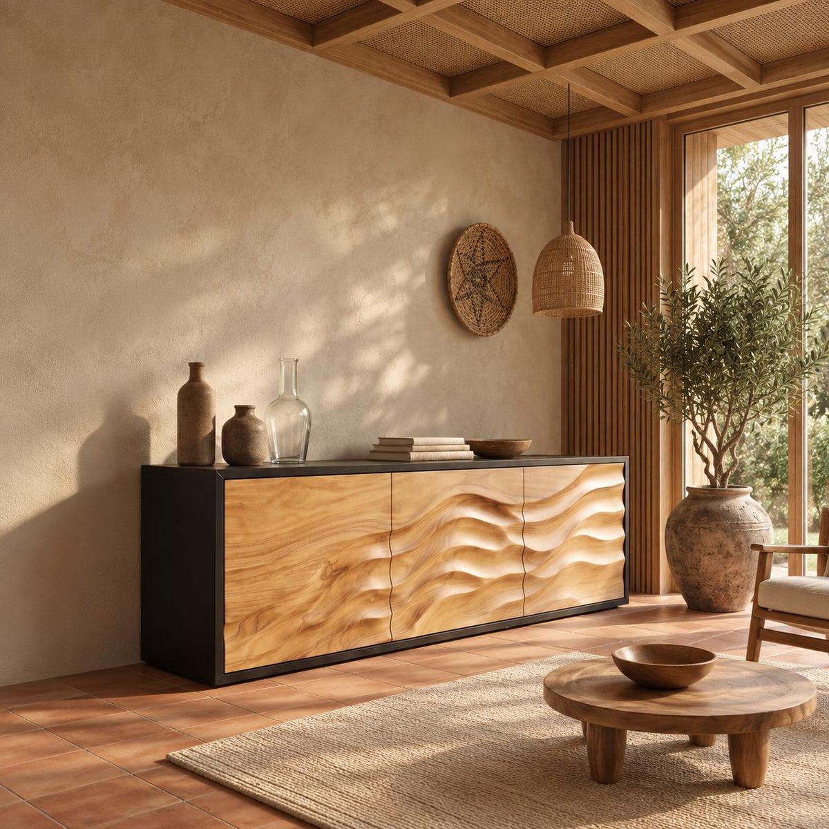 Organic Contour Sideboard with Three Wave Relief Doors, Narrow Wood Entryway Hallway Cabinet