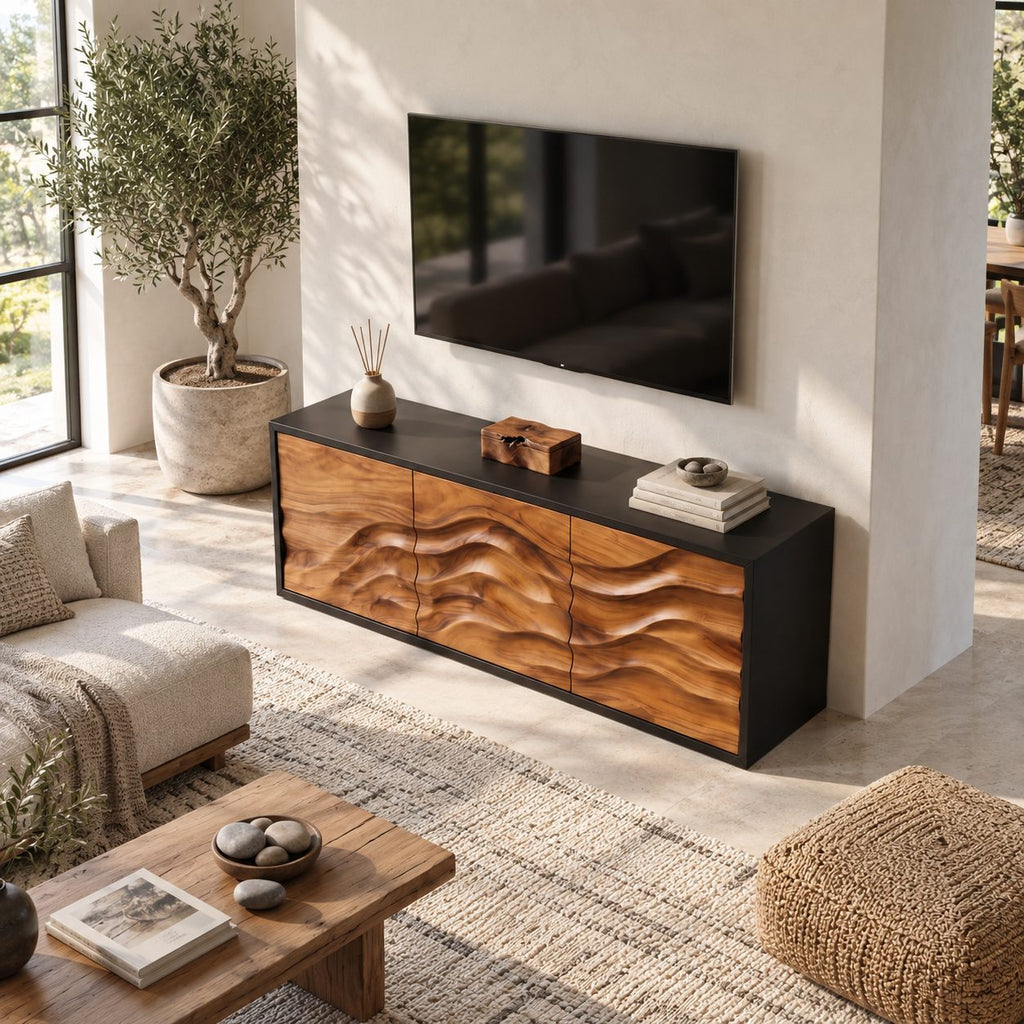 Organic Contour Sideboard with Three Wave Relief Doors, Narrow Wood Entryway Hallway Cabinet