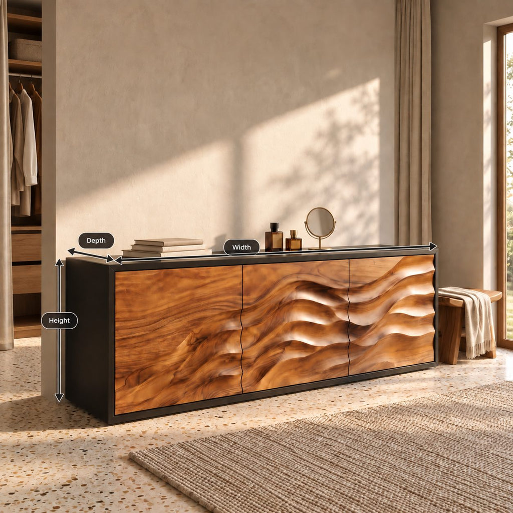 Organic Contour Sideboard with Three Wave Relief Doors, Narrow Wood Entryway Hallway Cabinet