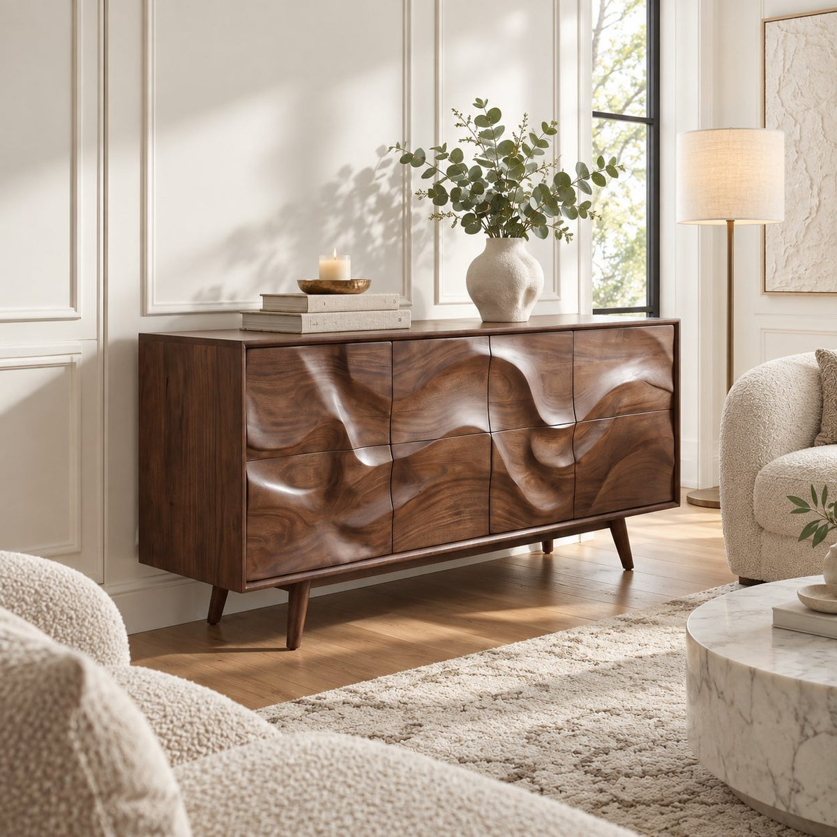 Mid Century Wave Carved Sideboard with Eight Sculpted Door Panels on Tapered Legs, Wood Cabinet