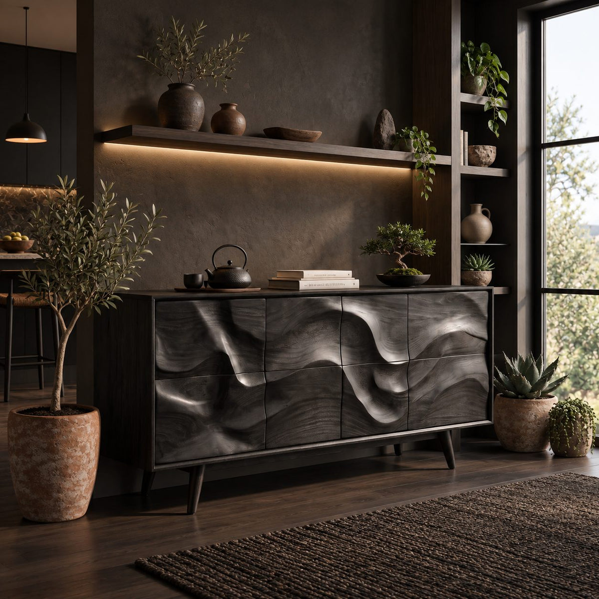 Mid Century Wave Carved Sideboard with Eight Sculpted Door Panels on Tapered Legs, Wood Cabinet