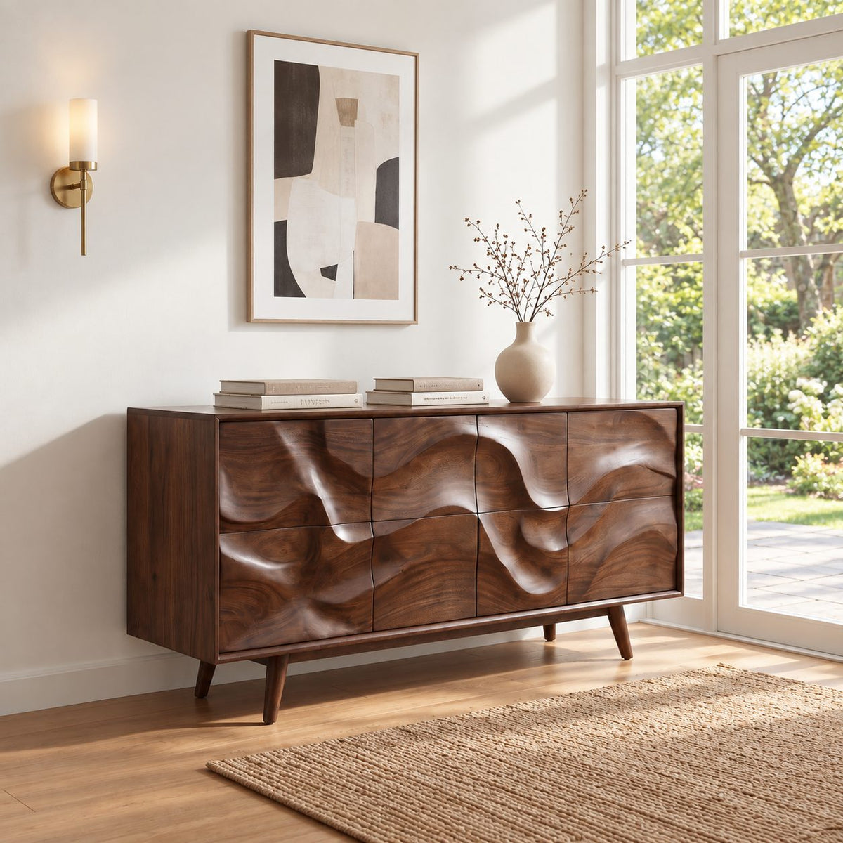Mid Century Wave Carved Sideboard with Eight Sculpted Door Panels on Tapered Legs, Wood Cabinet