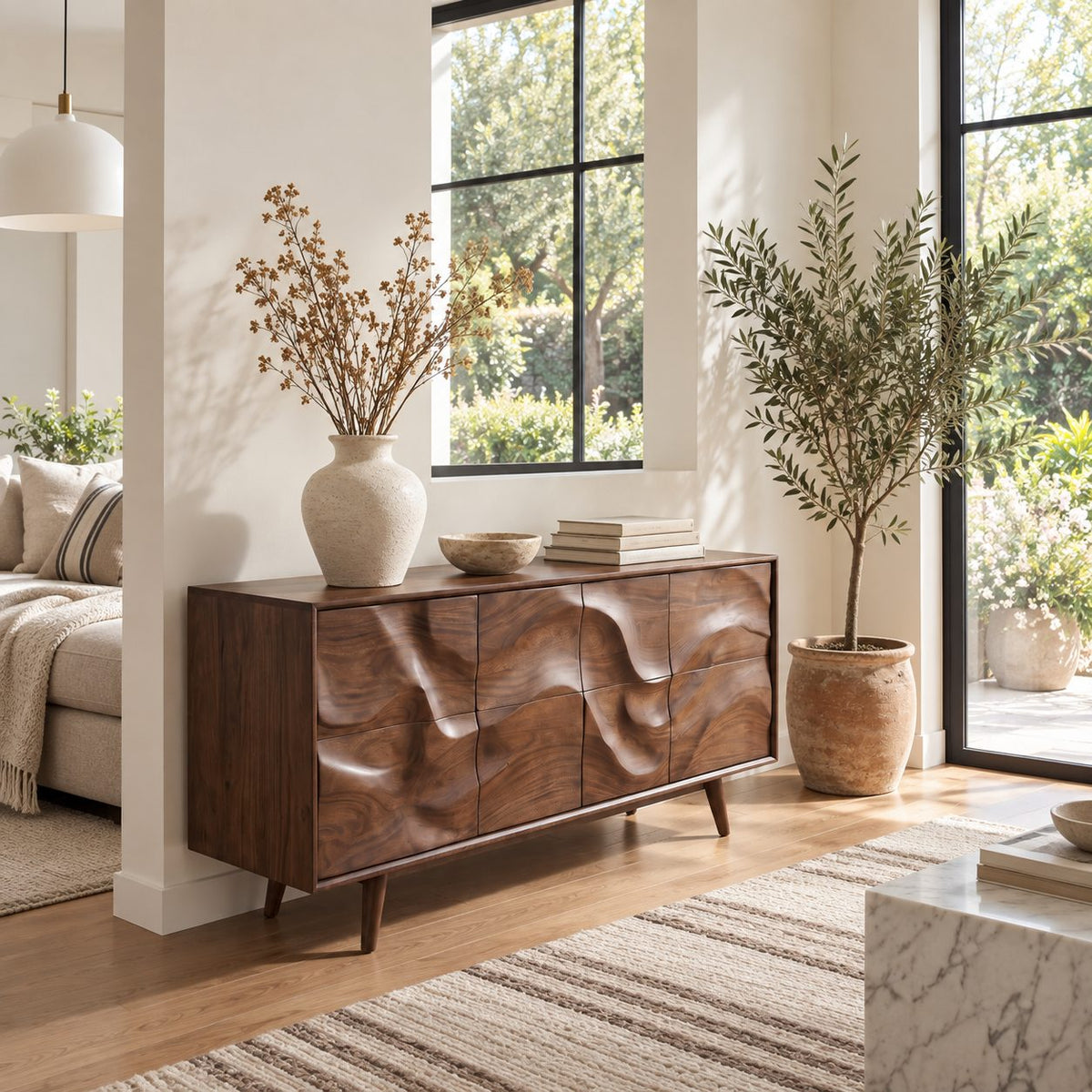 Mid Century Wave Carved Sideboard with Eight Sculpted Door Panels on Tapered Legs, Wood Cabinet