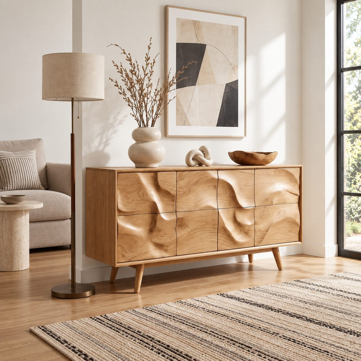Mid Century Wave Carved Sideboard with Eight Sculpted Door Panels on Tapered Legs, Wood Cabinet