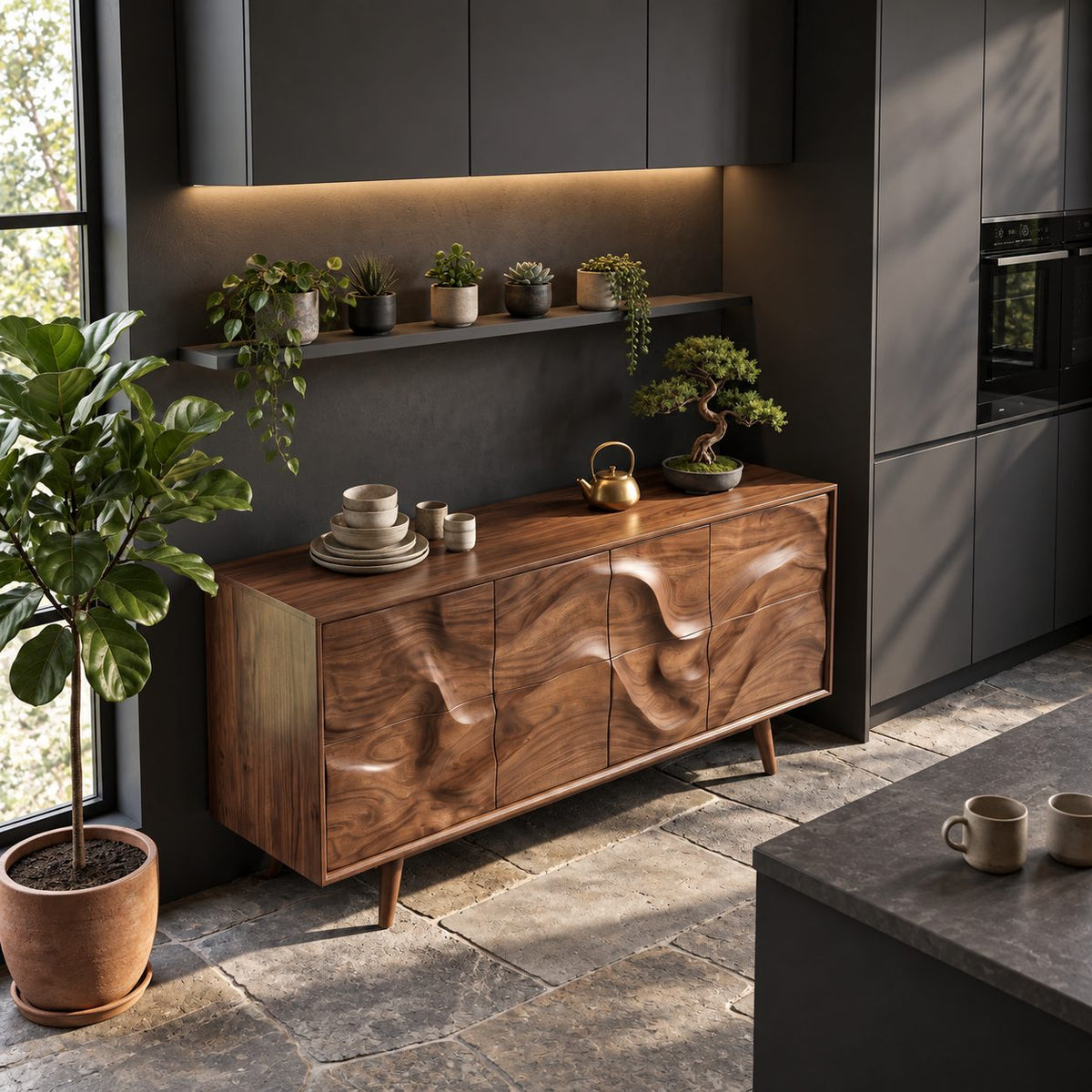 Mid Century Wave Carved Sideboard with Eight Sculpted Door Panels on Tapered Legs, Wood Cabinet