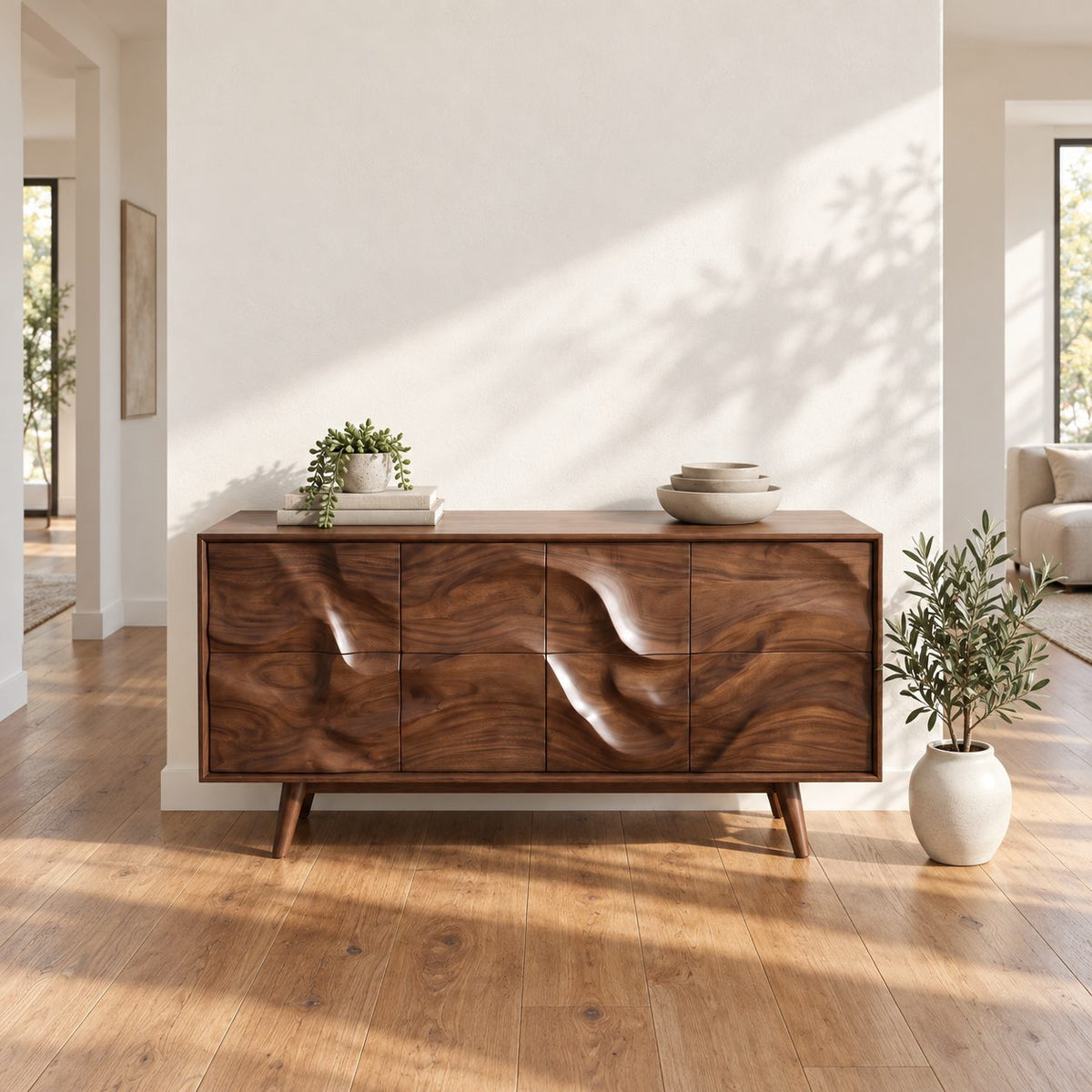 Mid Century Wave Carved Sideboard with Eight Sculpted Door Panels on Tapered Legs, Wood Cabinet