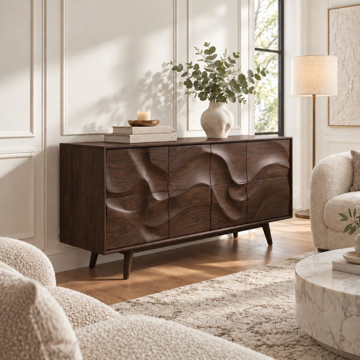 Mid Century Wave Carved Sideboard with Eight Sculpted Door Panels on Tapered Legs, Wood Cabinet