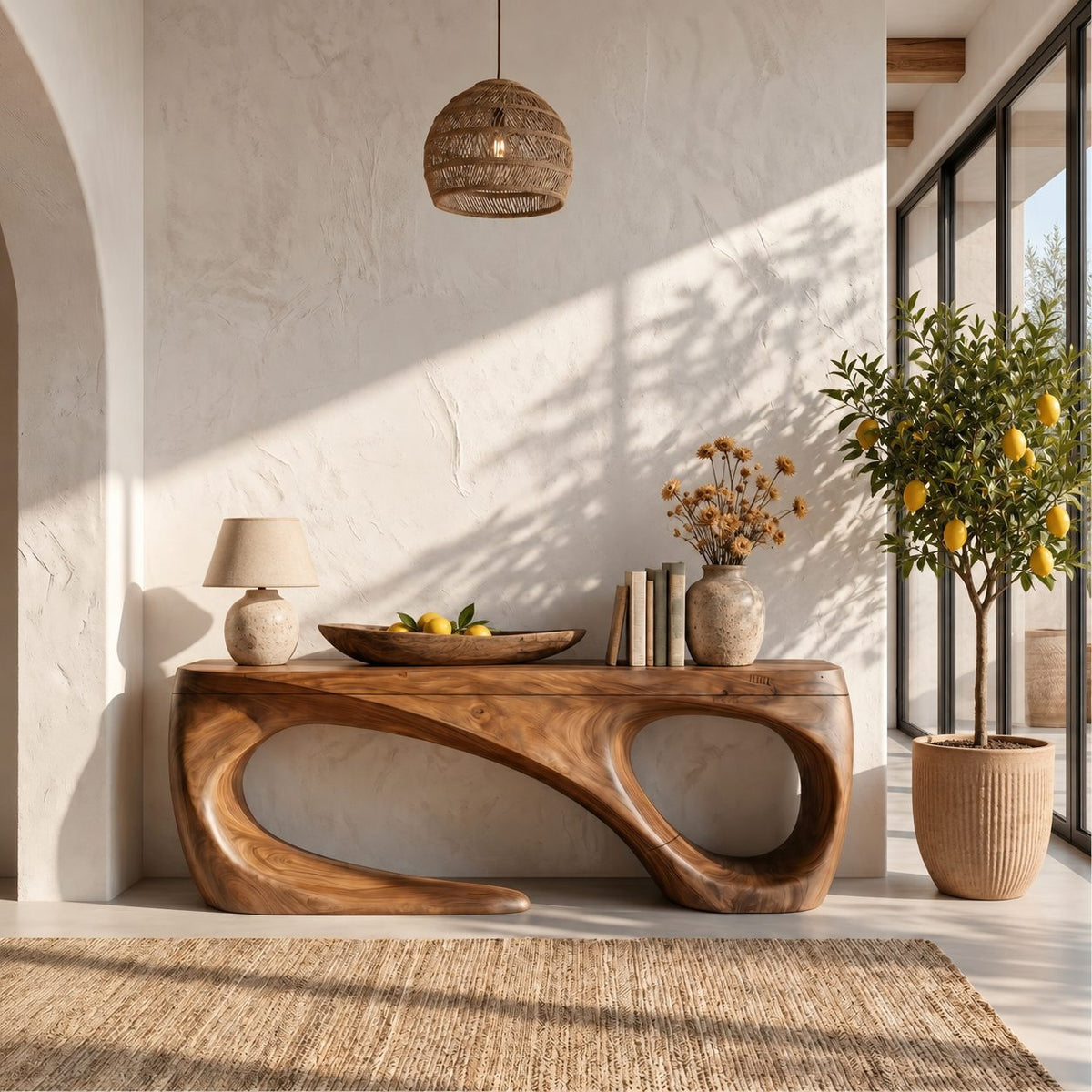 Sculptural Console Table with Open Loop Base, Organic Modern Solid Wood Entryway Table