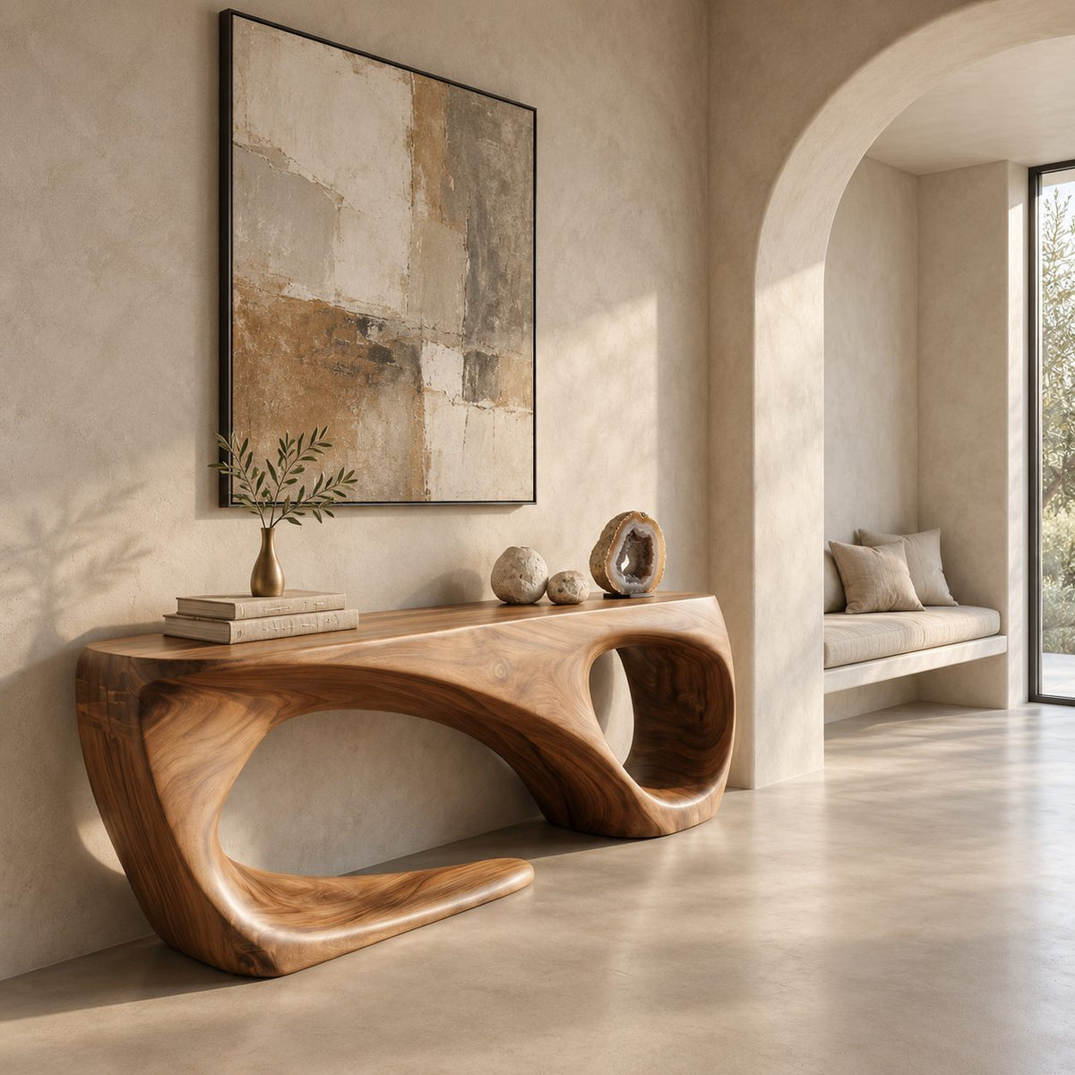 Sculptural Console Table with Open Loop Base, Organic Modern Solid Wood Entryway Table