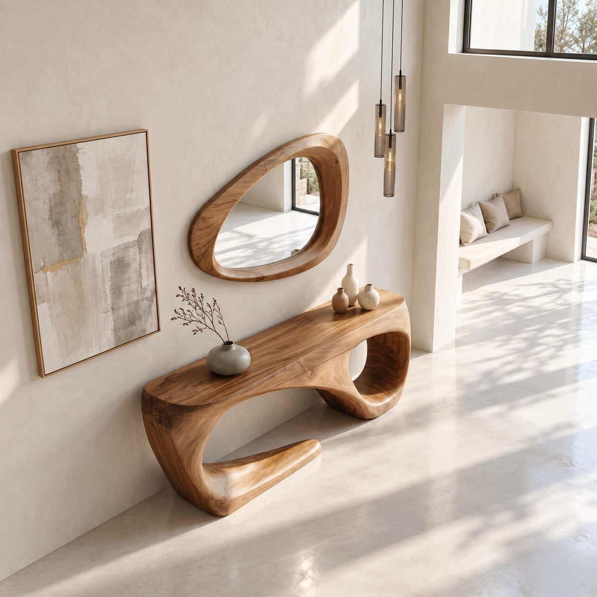 Sculptural Console Table with Open Loop Base, Organic Modern Solid Wood Entryway Table