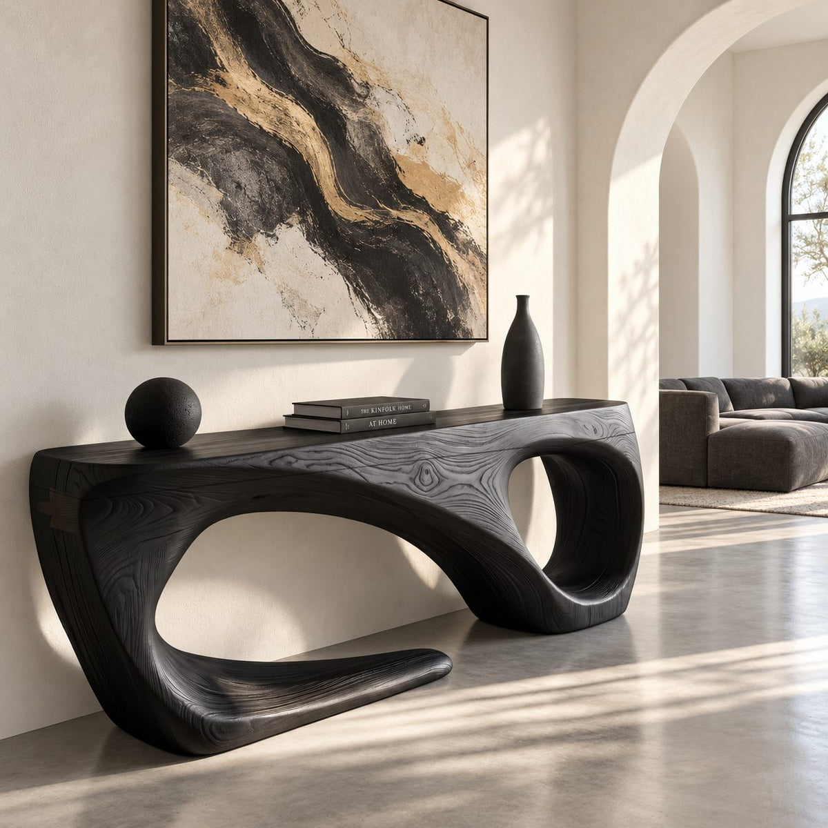 Sculptural Console Table with Open Loop Base, Organic Modern Solid Wood Entryway Table