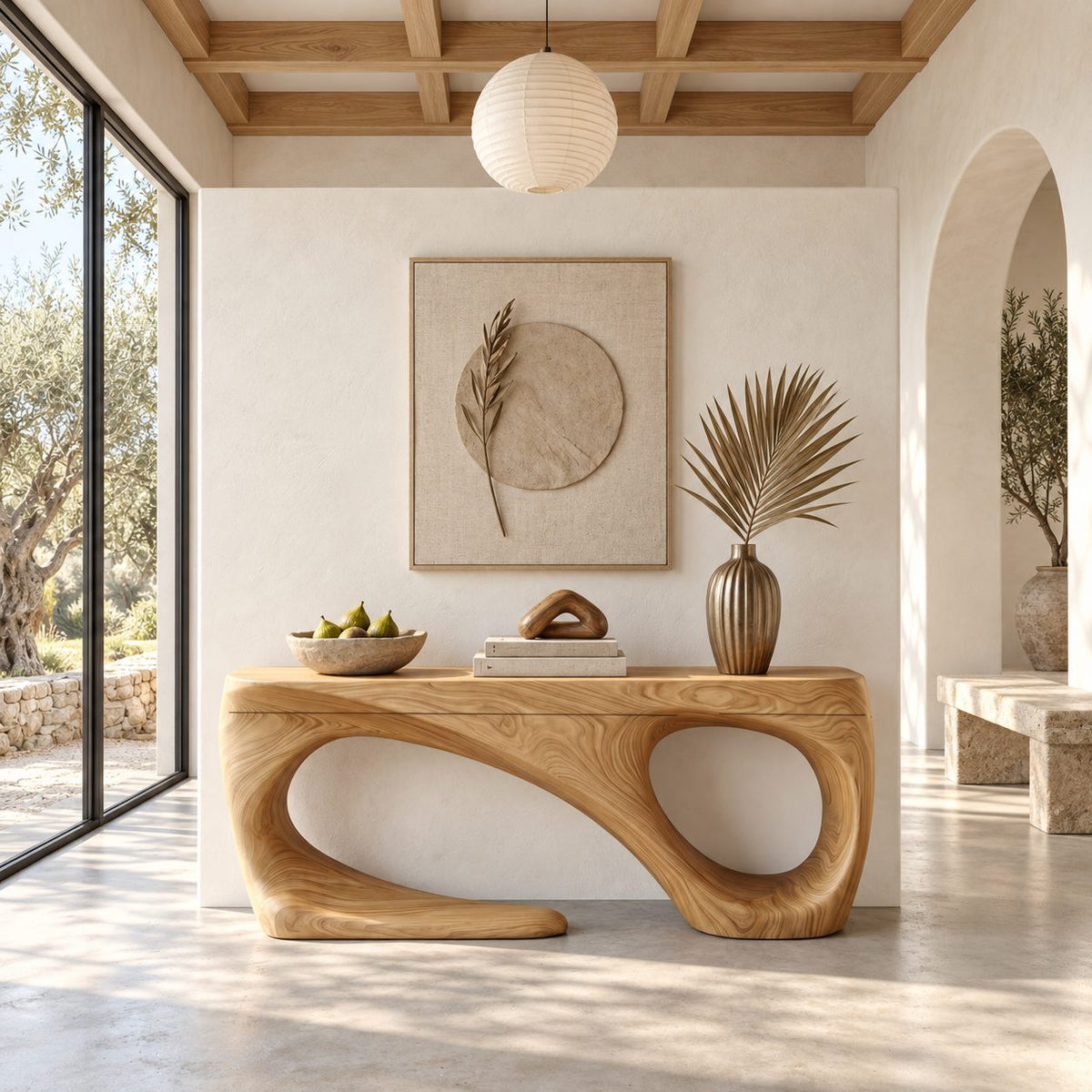 Sculptural Console Table with Open Loop Base, Organic Modern Solid Wood Entryway Table