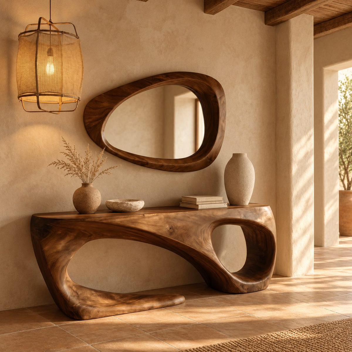 Sculptural Console Table with Open Loop Base, Organic Modern Solid Wood Entryway Table