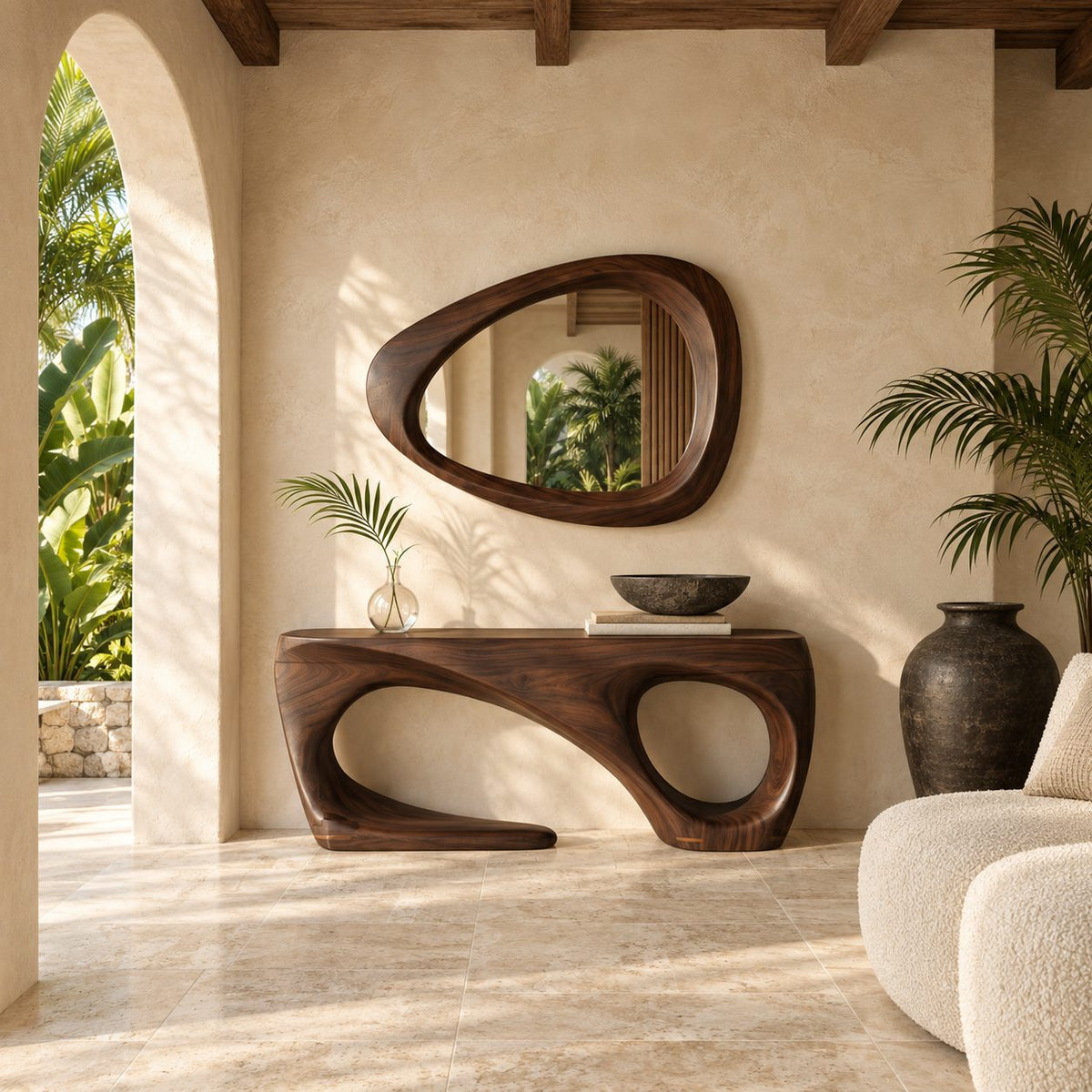 Sculptural Console Table with Open Loop Base, Organic Modern Solid Wood Entryway Table