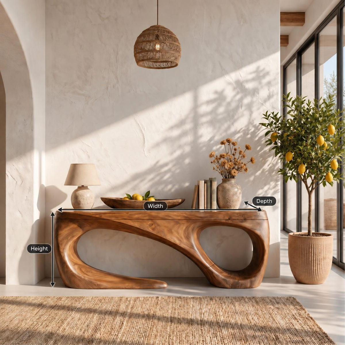 Sculptural Console Table with Open Loop Base, Organic Modern Solid Wood Entryway Table