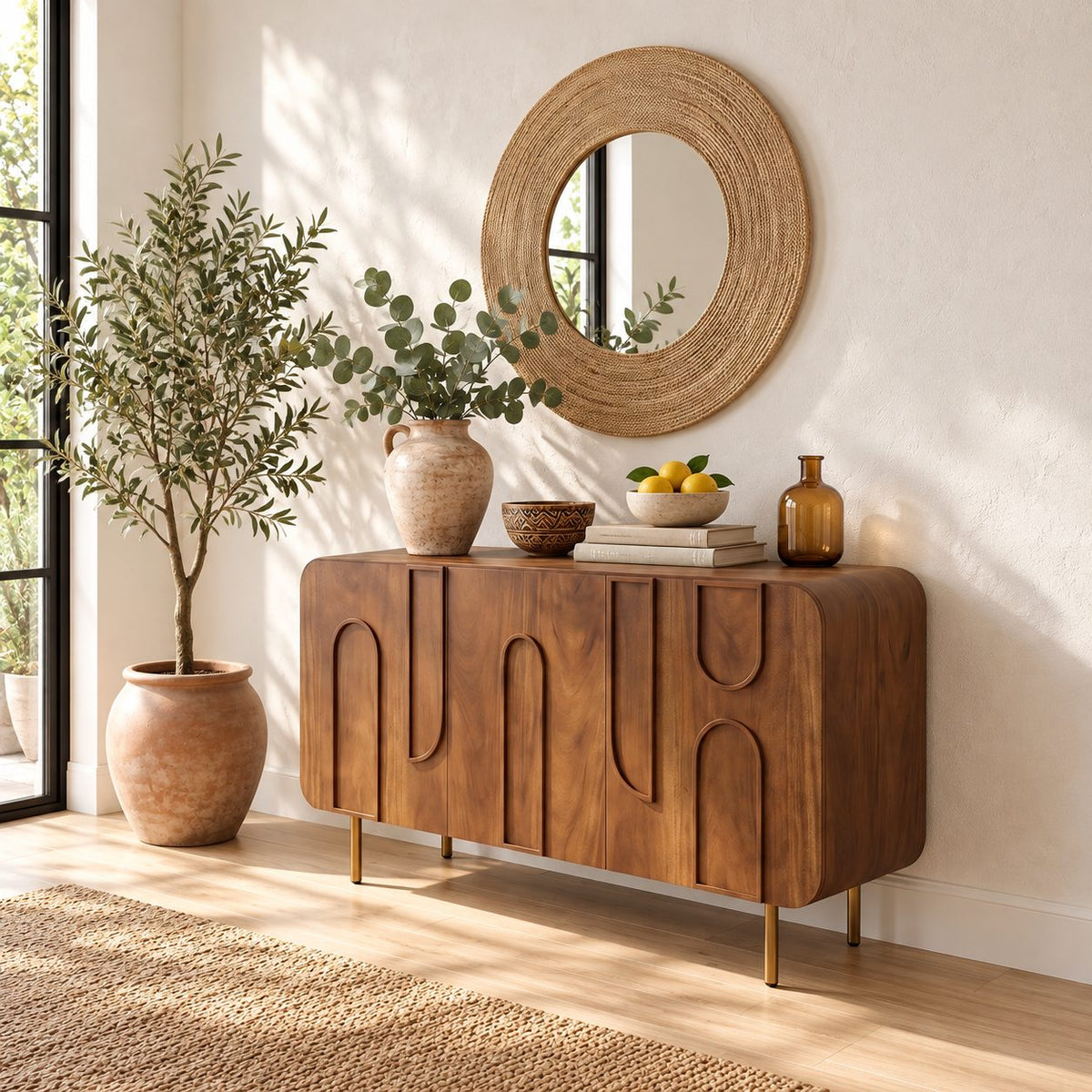 Arch Carved Buffet Cabinet with Rounded Corners and Raised Legs, Mid Century Wood Sideboard