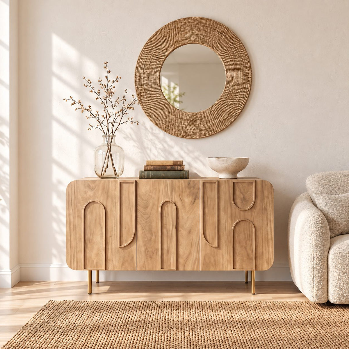 Arch Carved Buffet Cabinet with Rounded Corners and Raised Legs, Mid Century Wood Sideboard