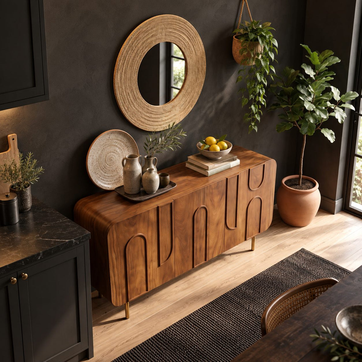 Arch Carved Buffet Cabinet with Rounded Corners and Raised Legs, Mid Century Wood Sideboard