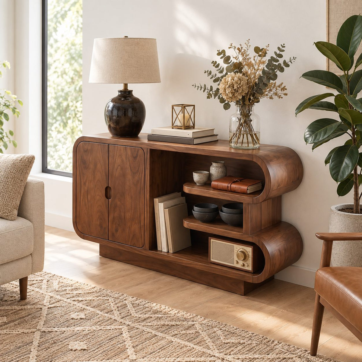 Curved Storage Credenza with Two-Door Cabinet and Open S-Curve Shelves, Organic Wood Sideboard