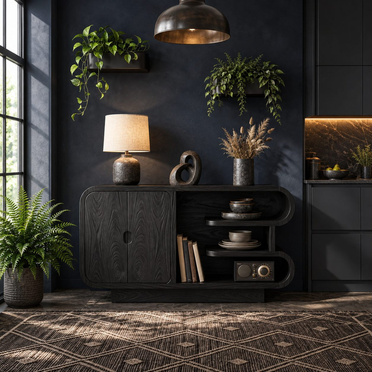Curved Storage Credenza with Two-Door Cabinet and Open S-Curve Shelves, Organic Wood Sideboard