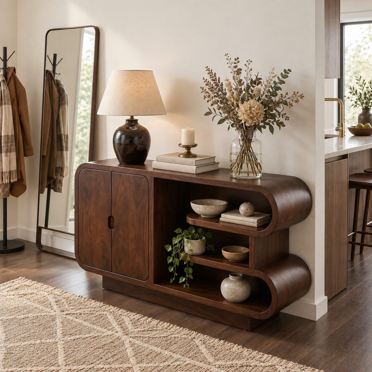 Curved Storage Credenza with Two-Door Cabinet and Open S-Curve Shelves, Organic Wood Sideboard
