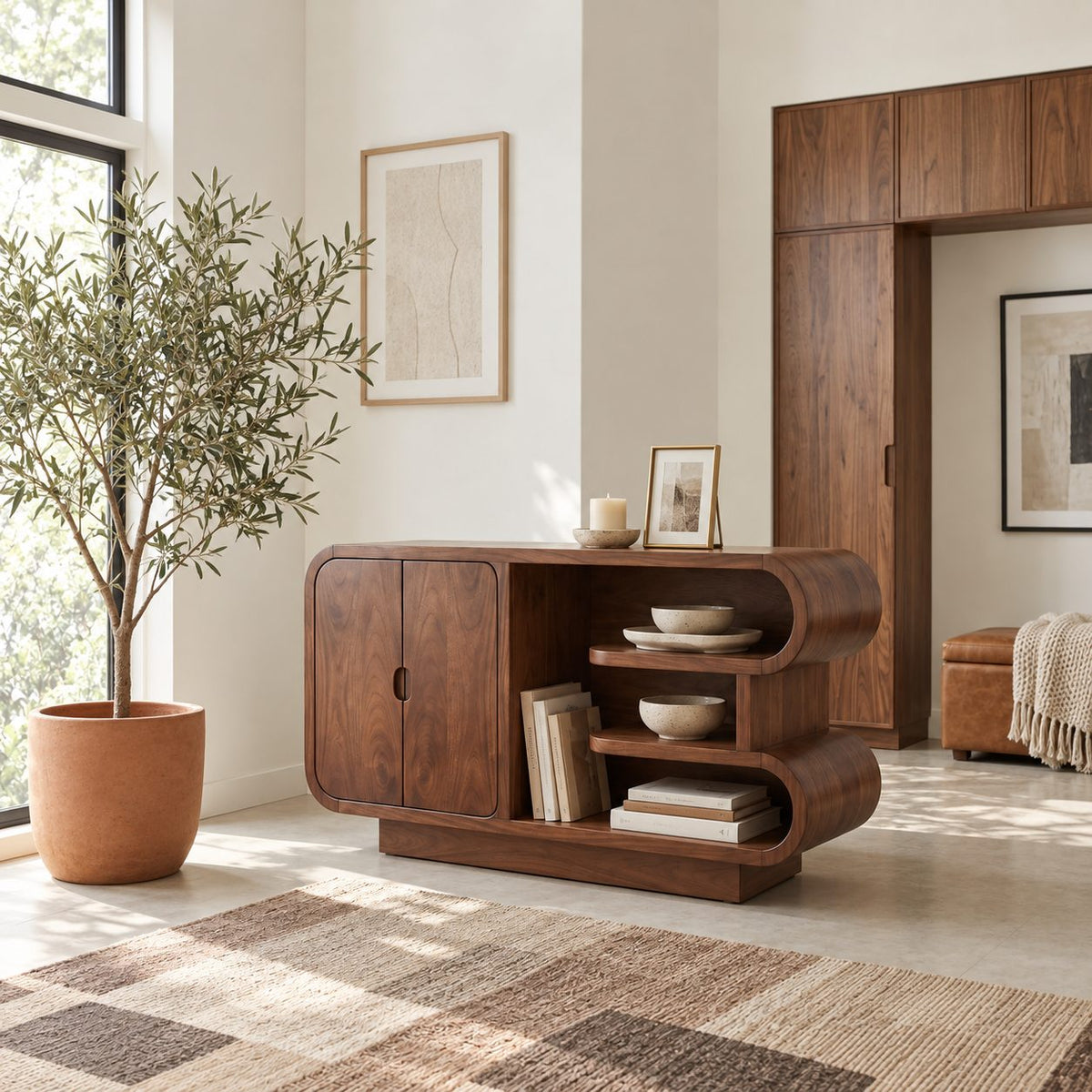 Curved Storage Credenza with Two-Door Cabinet and Open S-Curve Shelves, Organic Wood Sideboard