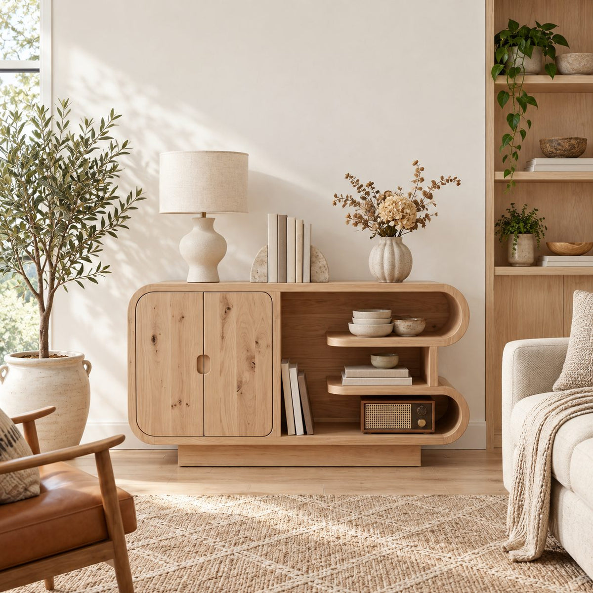 Curved Storage Credenza with Two-Door Cabinet and Open S-Curve Shelves, Organic Wood Sideboard