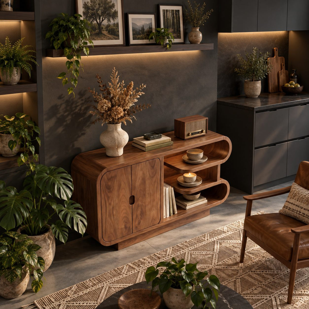 Curved Storage Credenza with Two-Door Cabinet and Open S-Curve Shelves, Organic Wood Sideboard