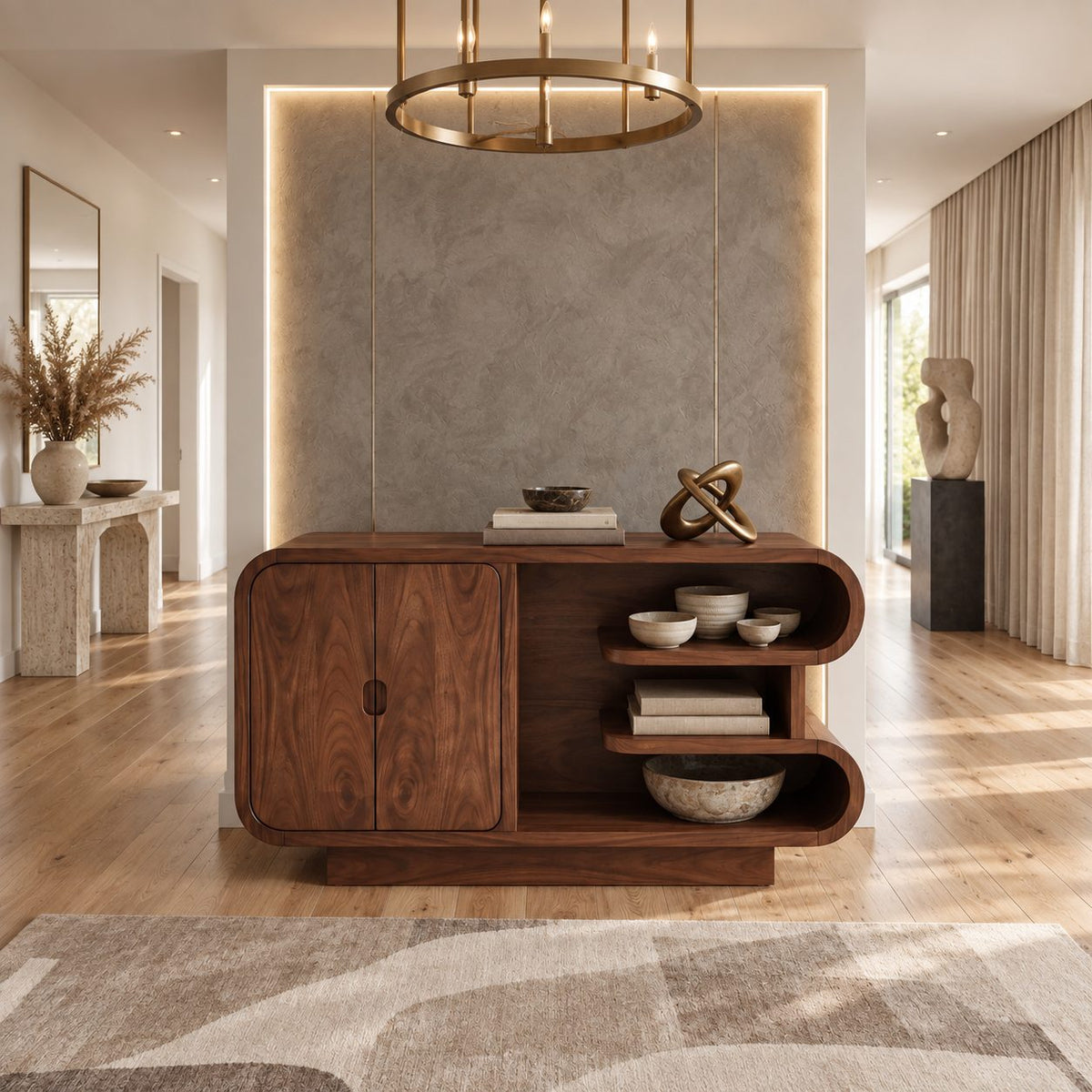 Curved Storage Credenza with Two-Door Cabinet and Open S-Curve Shelves, Organic Wood Sideboard