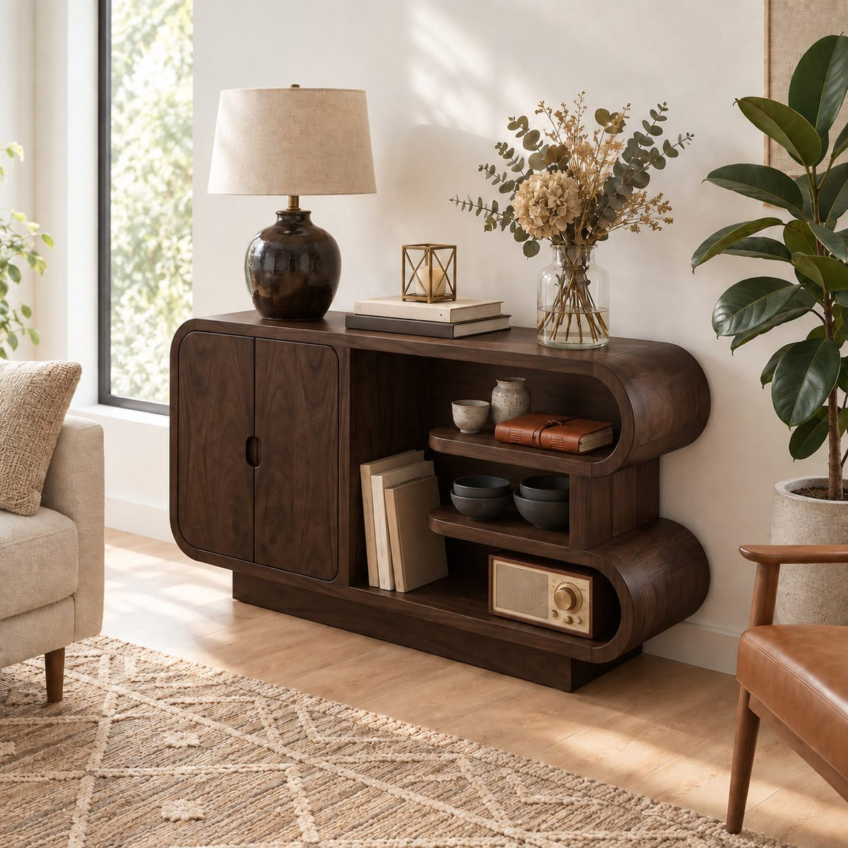 Curved Storage Credenza with Two-Door Cabinet and Open S-Curve Shelves, Organic Wood Sideboard