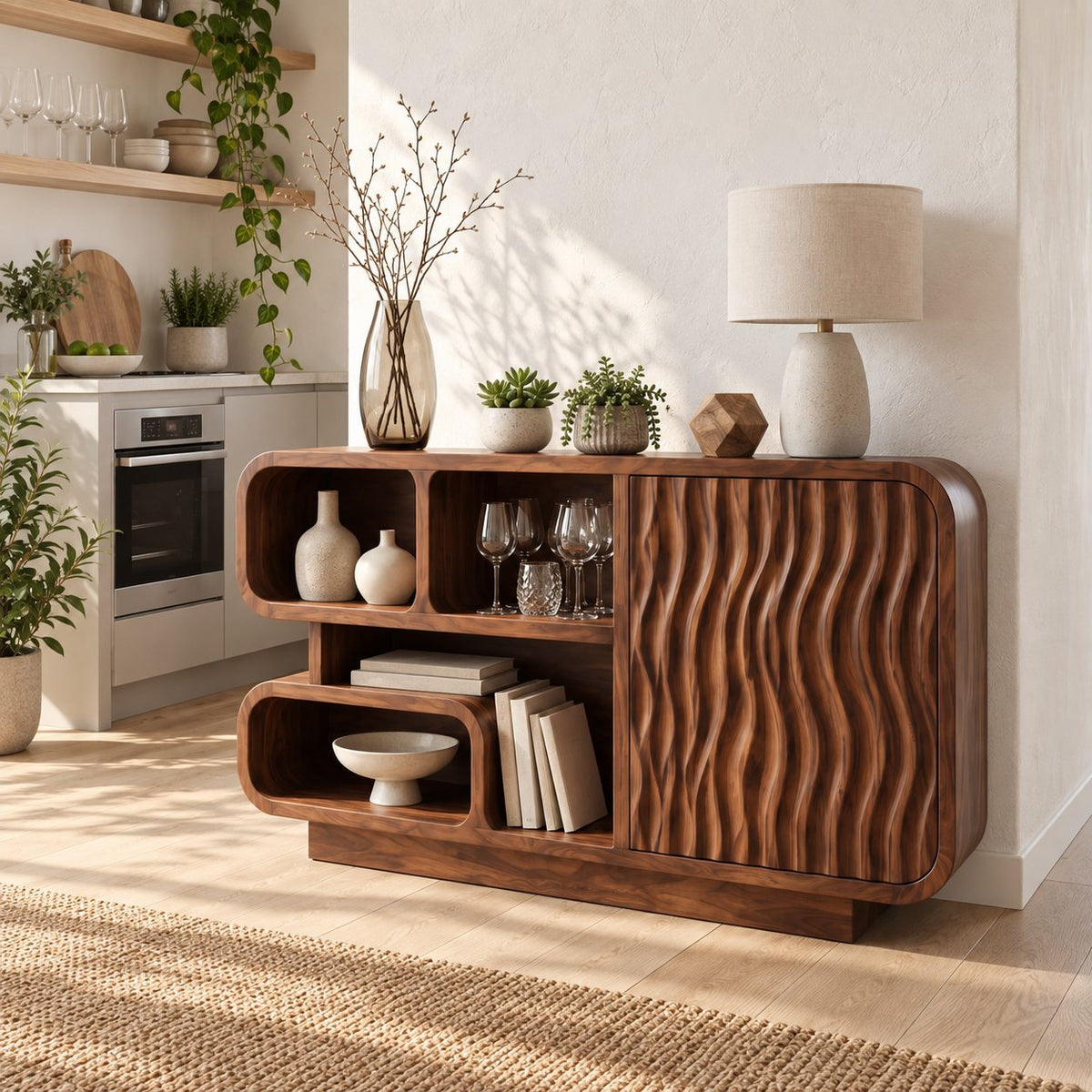 Rounded Cubby Sideboard Cabinet with Ripple Carved Door, Organic Modern Wood Kitchen Storage