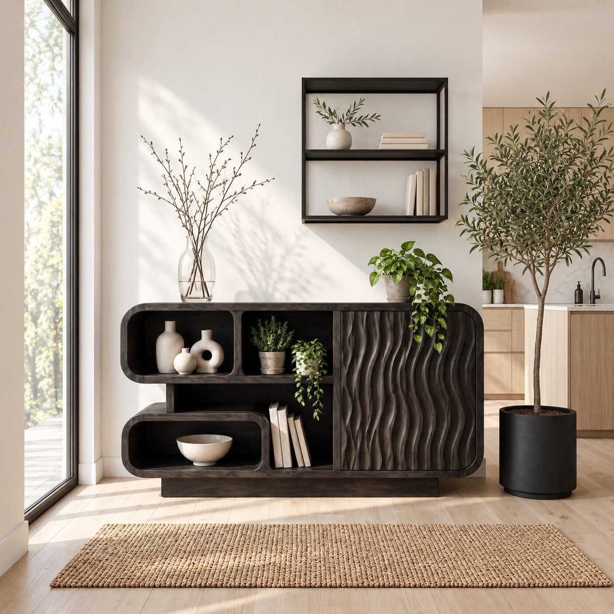 Rounded Cubby Sideboard Cabinet with Ripple Carved Door, Organic Modern Wood Kitchen Storage