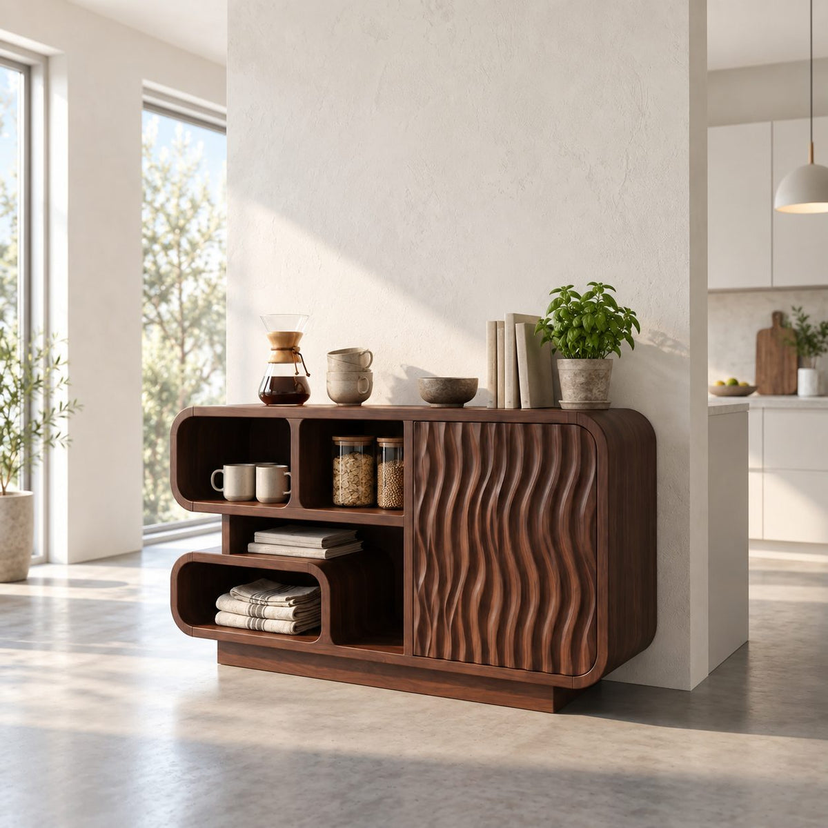 Rounded Cubby Sideboard Cabinet with Ripple Carved Door, Organic Modern Wood Kitchen Storage