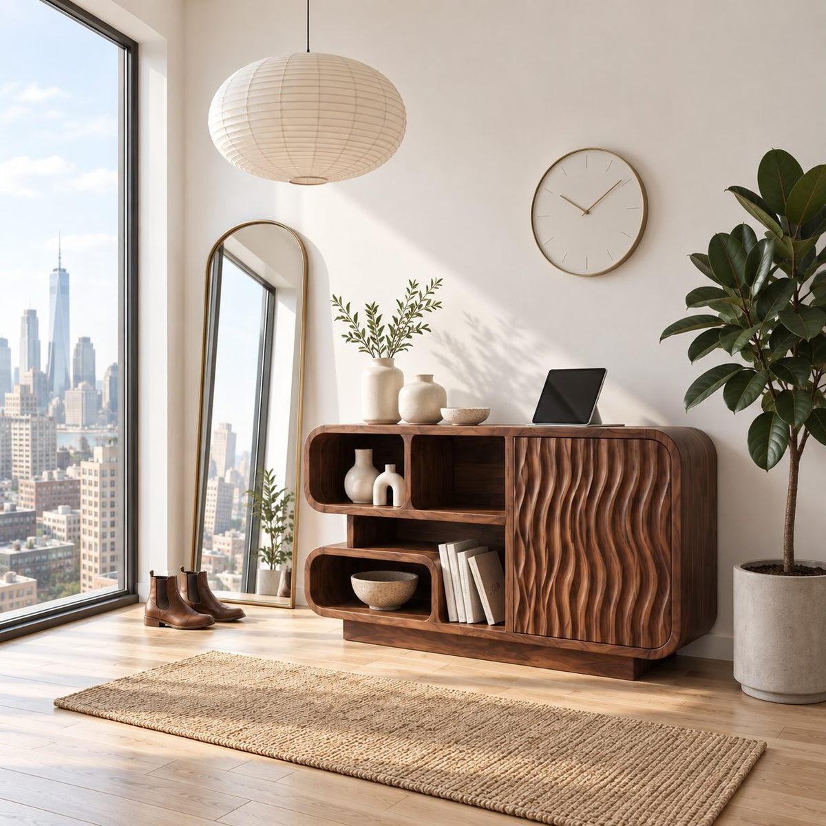 Rounded Cubby Sideboard Cabinet with Ripple Carved Door, Organic Modern Wood Kitchen Storage