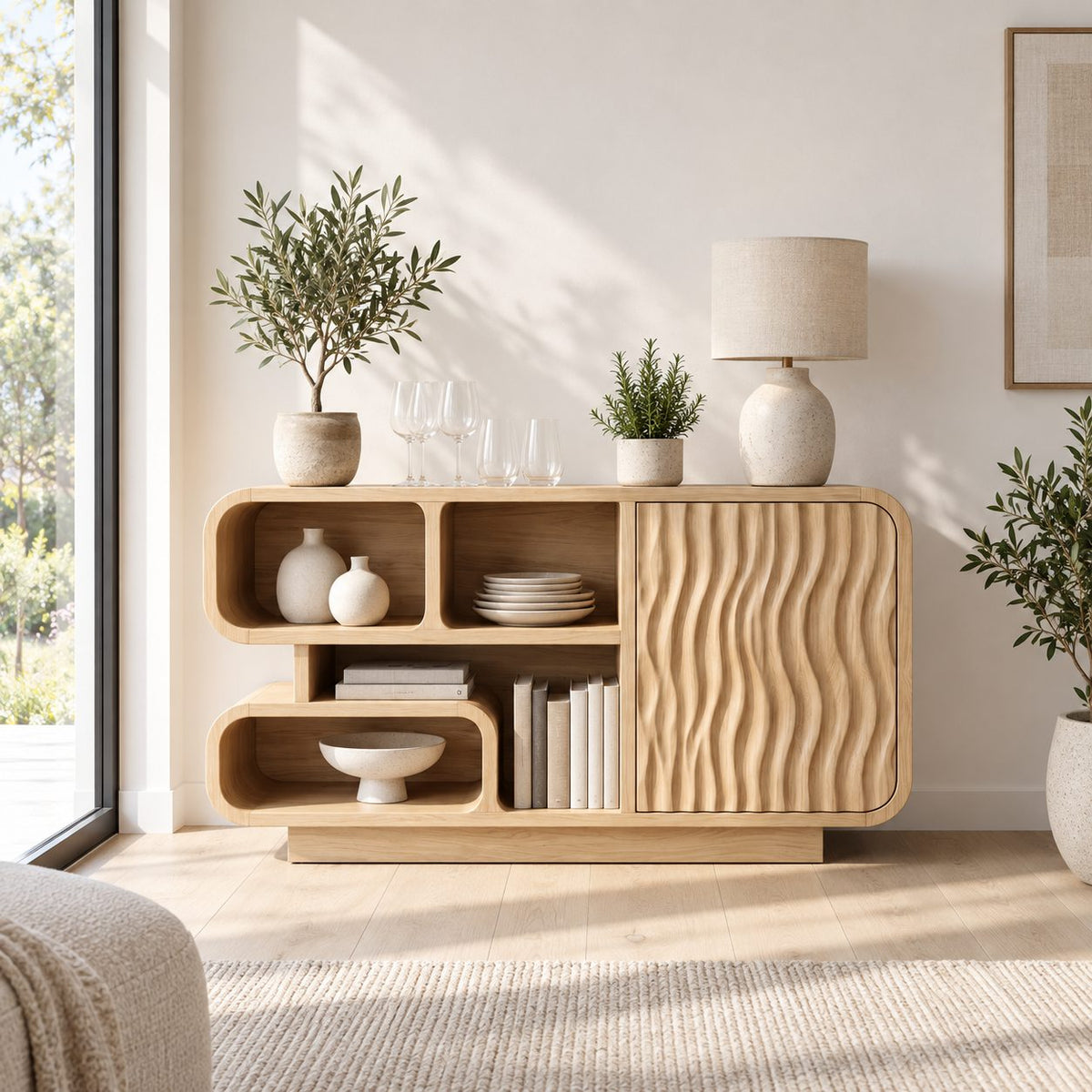 Rounded Cubby Sideboard Cabinet with Ripple Carved Door, Organic Modern Wood Kitchen Storage