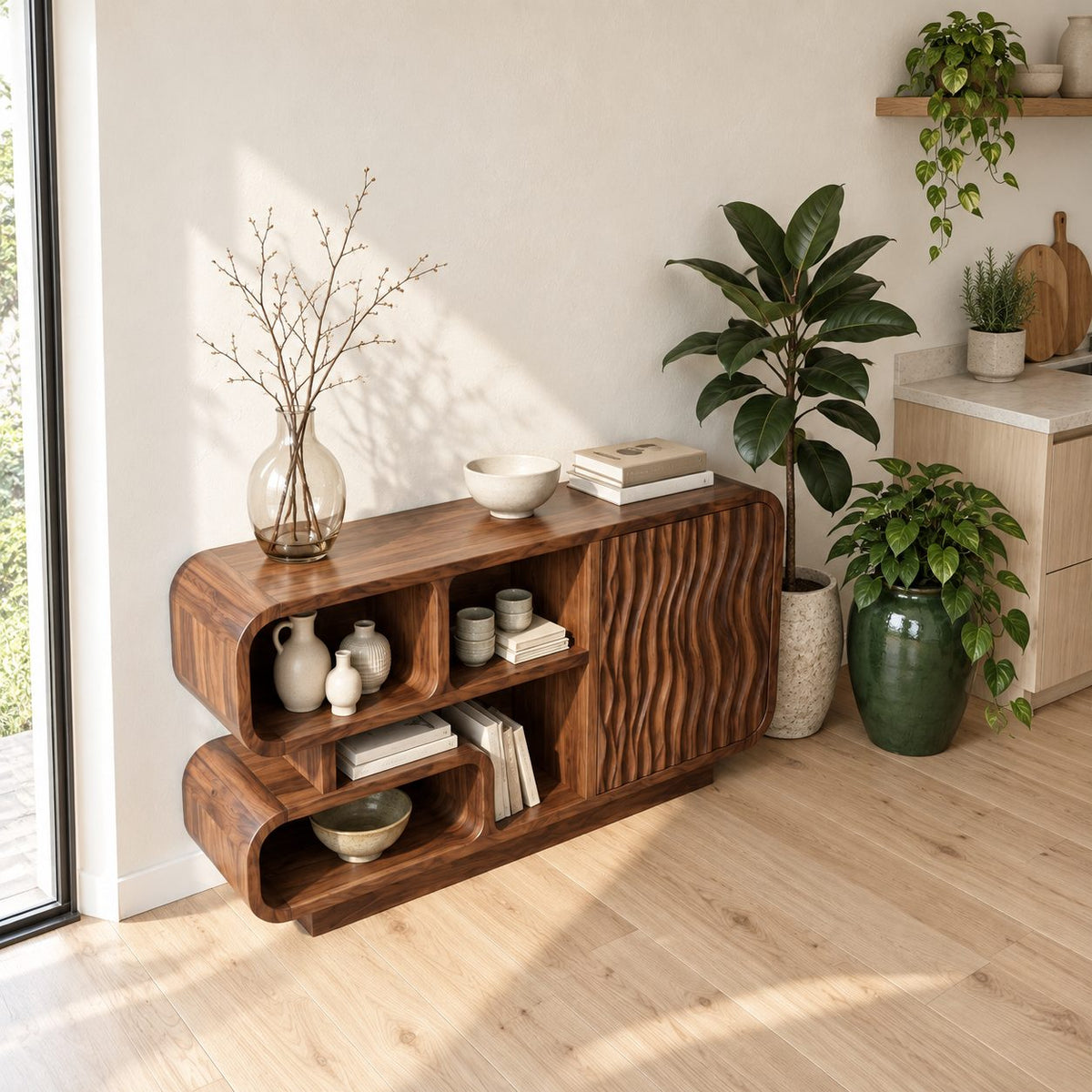 Rounded Cubby Sideboard Cabinet with Ripple Carved Door, Organic Modern Wood Kitchen Storage