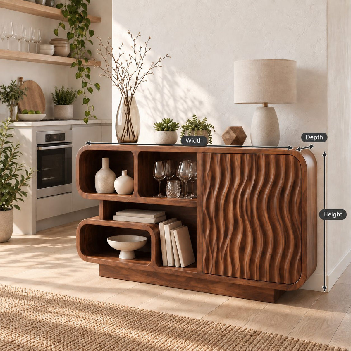 Rounded Cubby Sideboard Cabinet with Ripple Carved Door, Organic Modern Wood Kitchen Storage