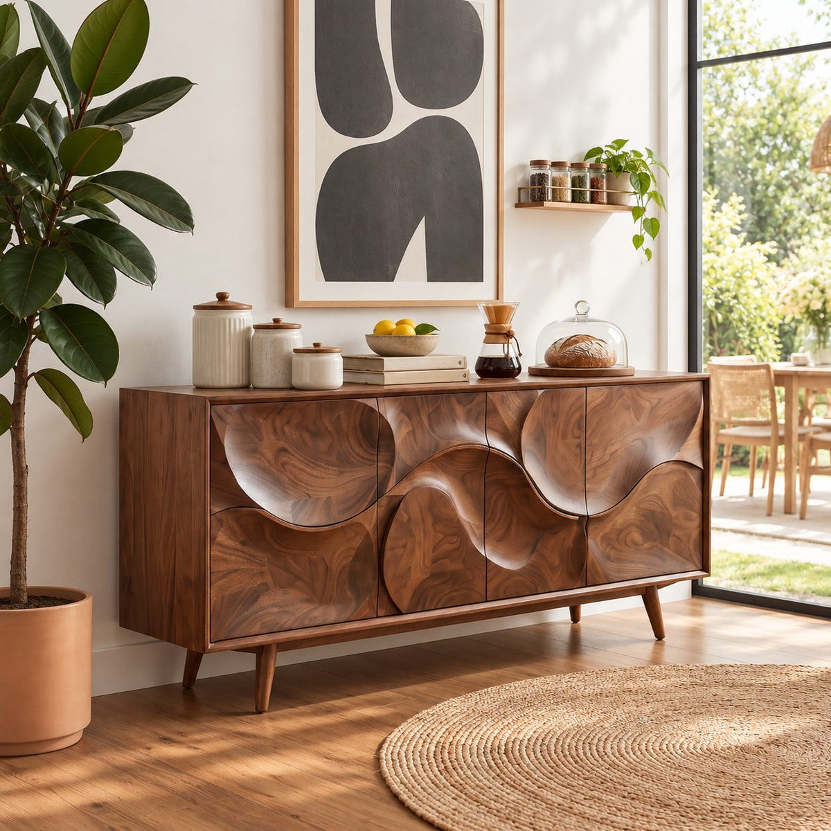 Sculpted Circle Wave Buffet Cabinet with Four Carved Doors on Tapered Legs, Organic Modern Sideboard