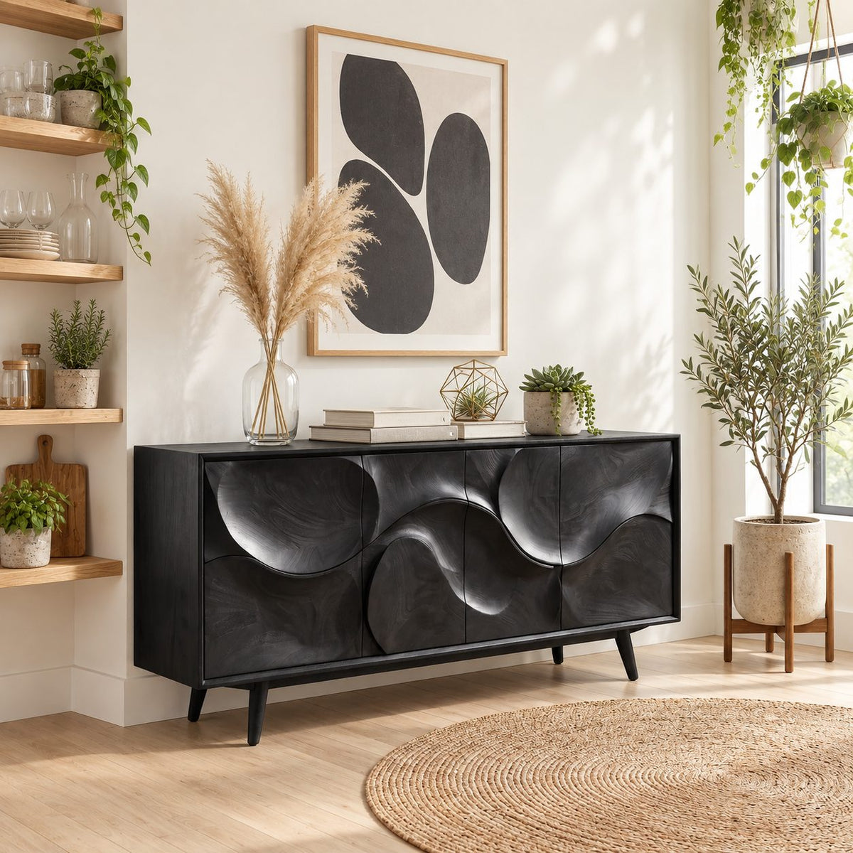 Sculpted Circle Wave Buffet Cabinet with Four Carved Doors on Tapered Legs, Organic Modern Sideboard