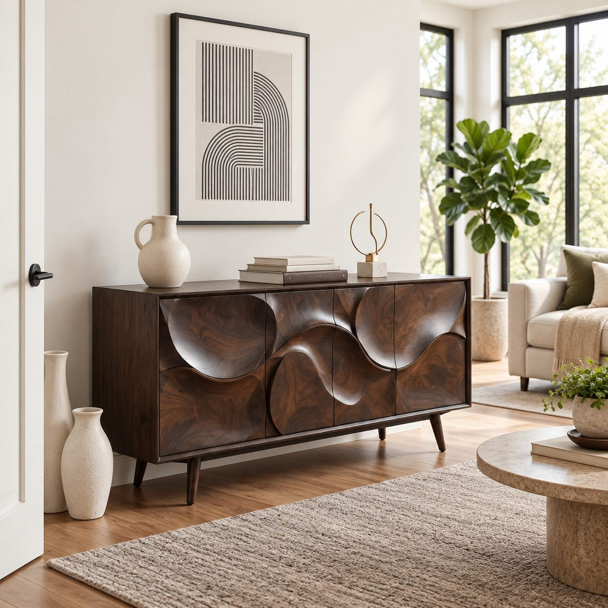 Sculpted Circle Wave Buffet Cabinet with Four Carved Doors on Tapered Legs, Organic Modern Sideboard