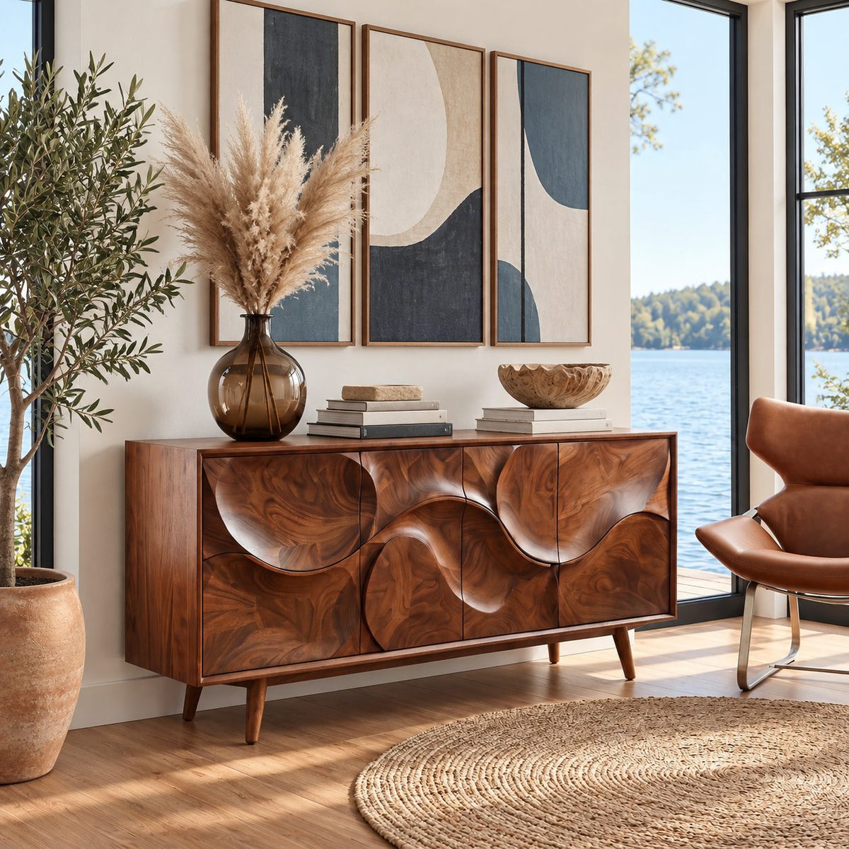 Sculpted Circle Wave Buffet Cabinet with Four Carved Doors on Tapered Legs, Organic Modern Sideboard