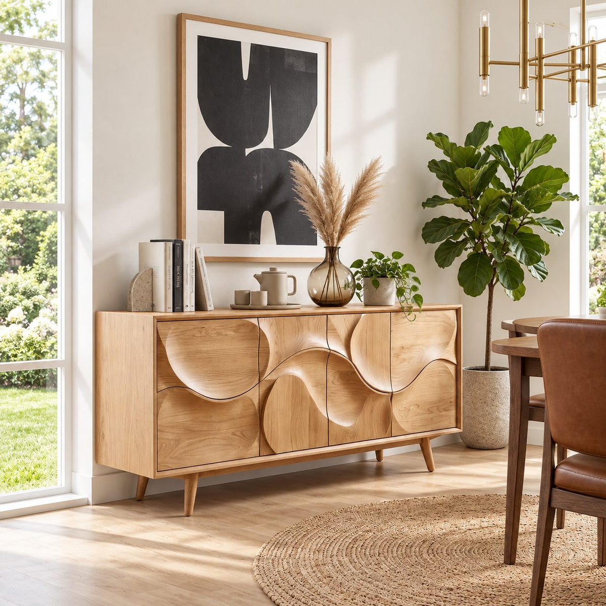 Sculpted Circle Wave Buffet Cabinet with Four Carved Doors on Tapered Legs, Organic Modern Sideboard