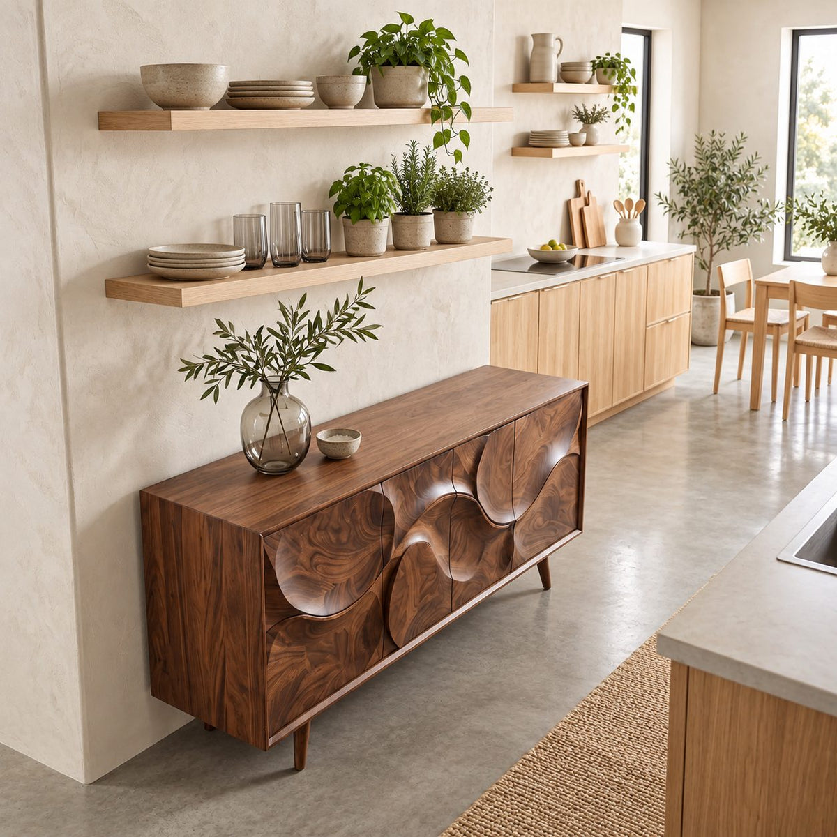 Sculpted Circle Wave Buffet Cabinet with Four Carved Doors on Tapered Legs, Organic Modern Sideboard
