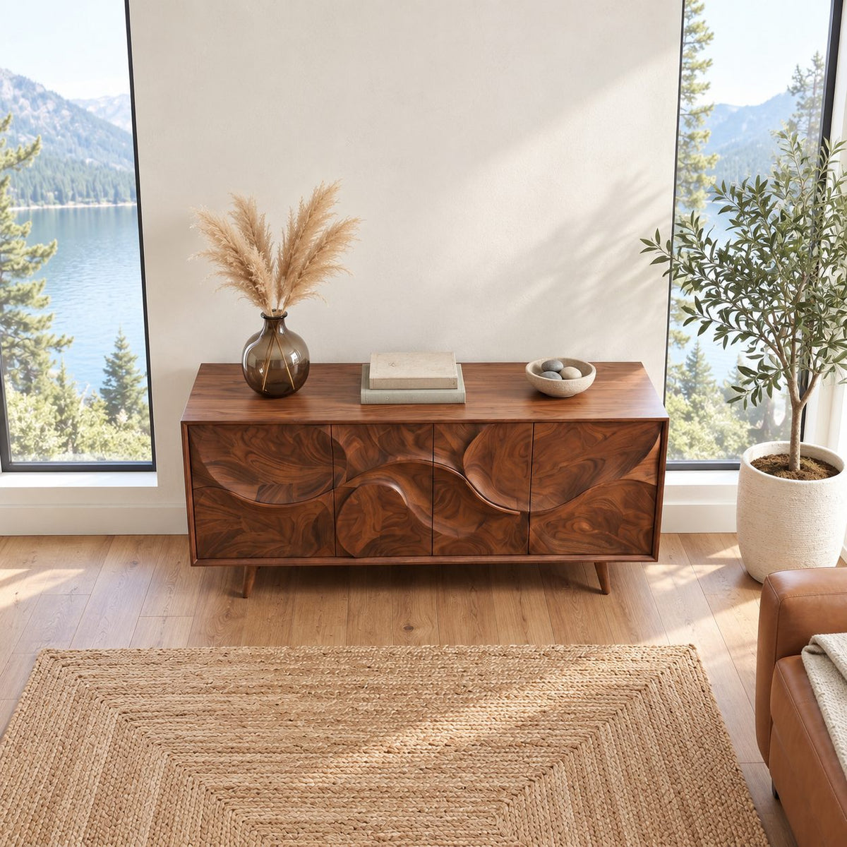 Sculpted Circle Wave Buffet Cabinet with Four Carved Doors on Tapered Legs, Organic Modern Sideboard