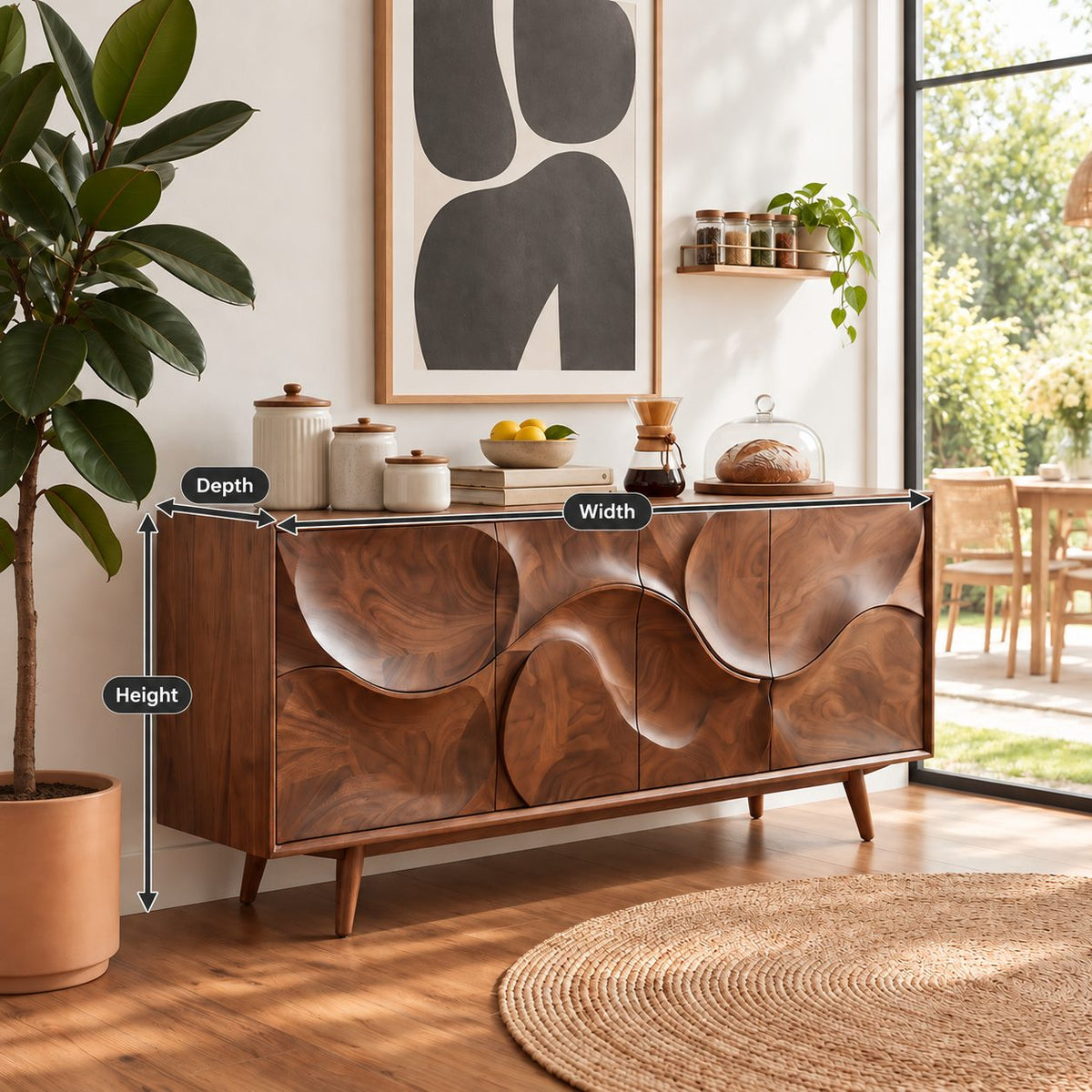 Sculpted Circle Wave Buffet Cabinet with Four Carved Doors on Tapered Legs, Organic Modern Sideboard